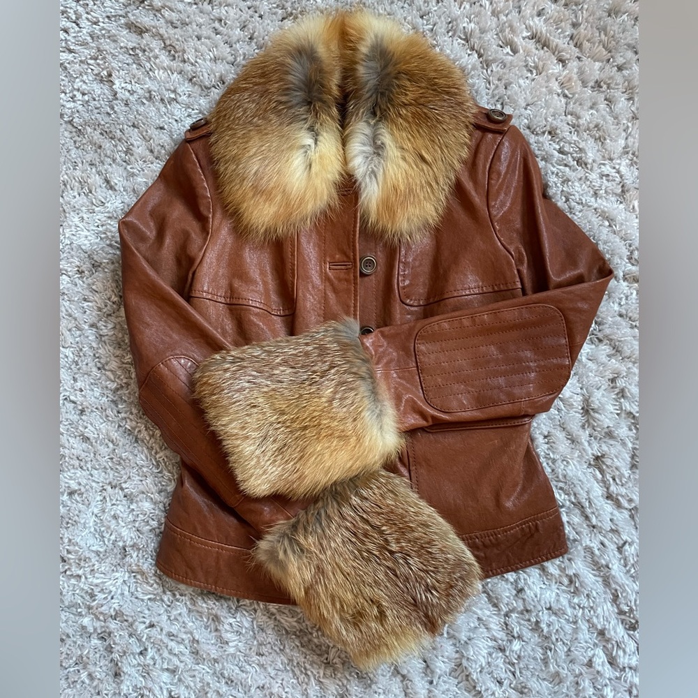 Rachel Zoe leather jacket with fur sleeves & collar.